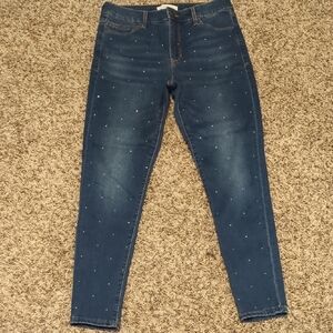 Skinnygirl Paul high rise skinny leg dark blue rhinestone studded jeans